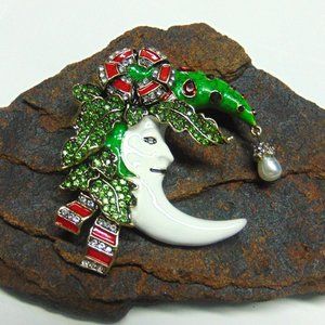 Moon Flower Pin Brooch Man Rhinestone Crystals Celestial Father Nature BeadRage
